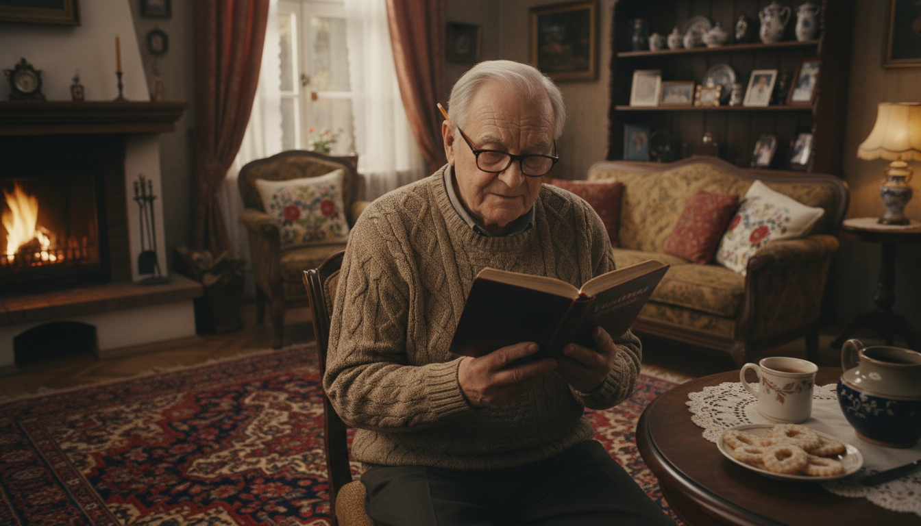 Image: A heartwarming scene from the Allegro "English for Beginners" commercial, showing an elderly Polish man with a determined but gentle expression, holding a worn English phrasebook as he studies diligently in a cozy, traditionally decorated living room.