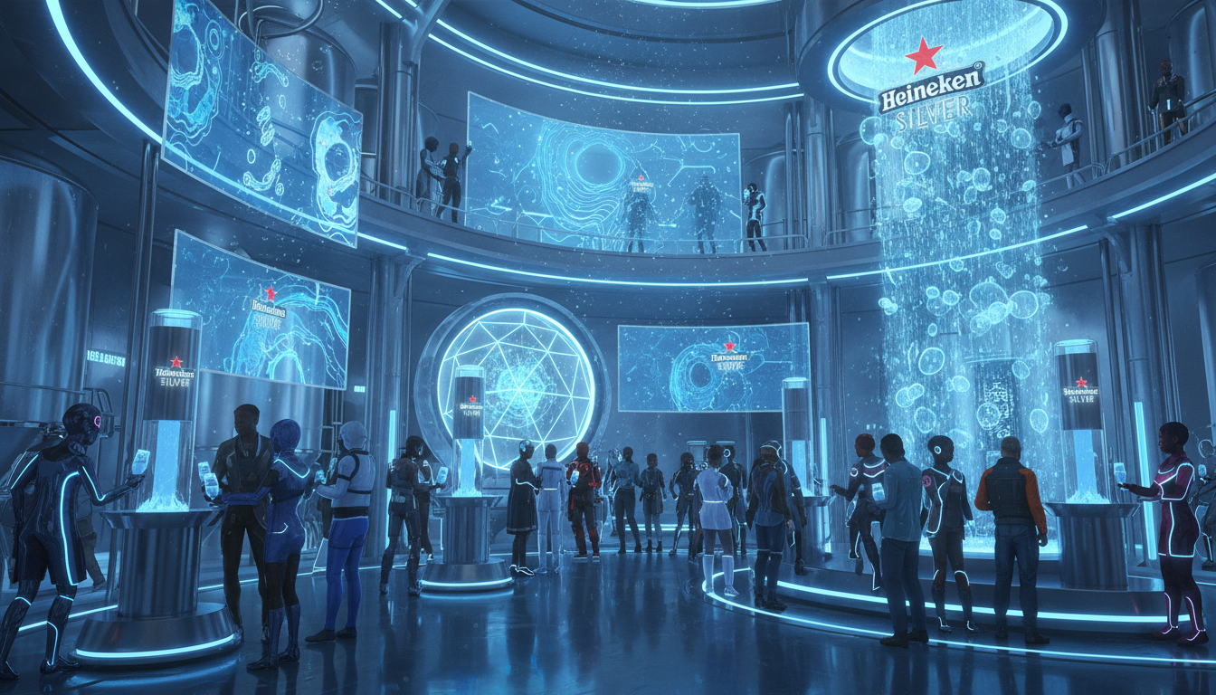 Image: A futuristic, vibrant virtual brewery environment in a metaverse setting, with stylized Heineken Silver branding. Digital avatars are seen interacting with glowing beer taps and immersive art installations, conveying a sense of innovation and excitement.