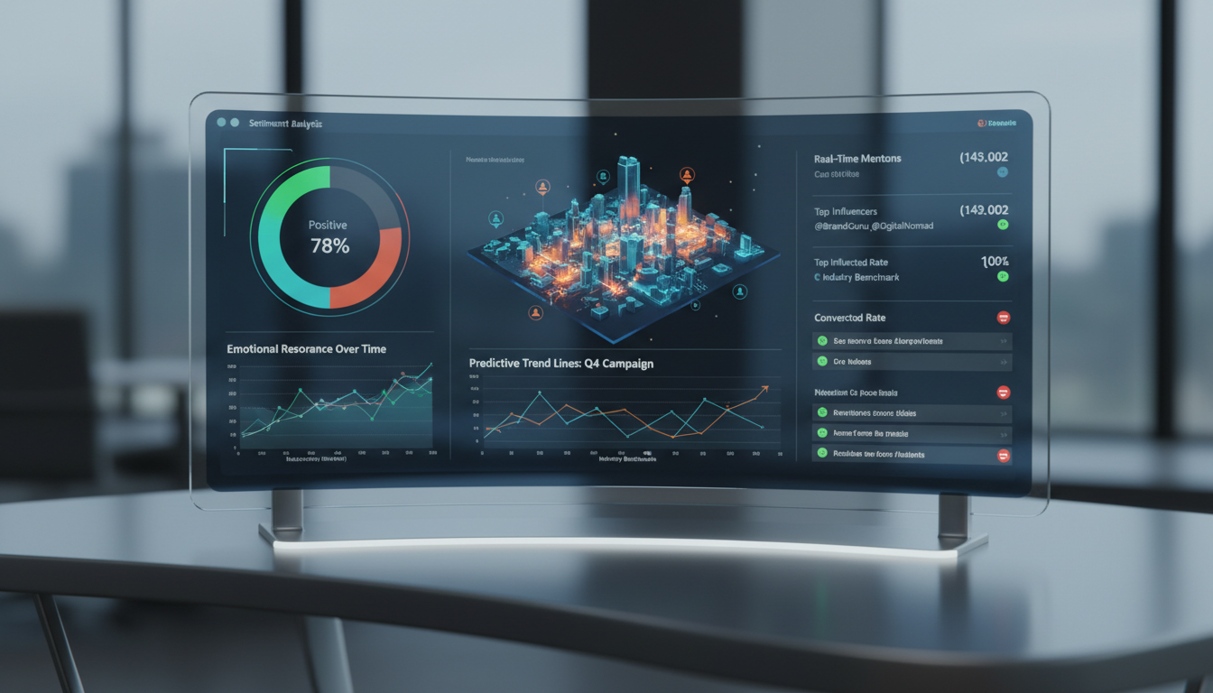 Image: A sophisticated data dashboard displaying various real-time analytics for a branding campaign, including sentiment analysis graphs, engagement heatmaps on a virtual environment, and predictive trend lines, all presented in a clean, modern interface.