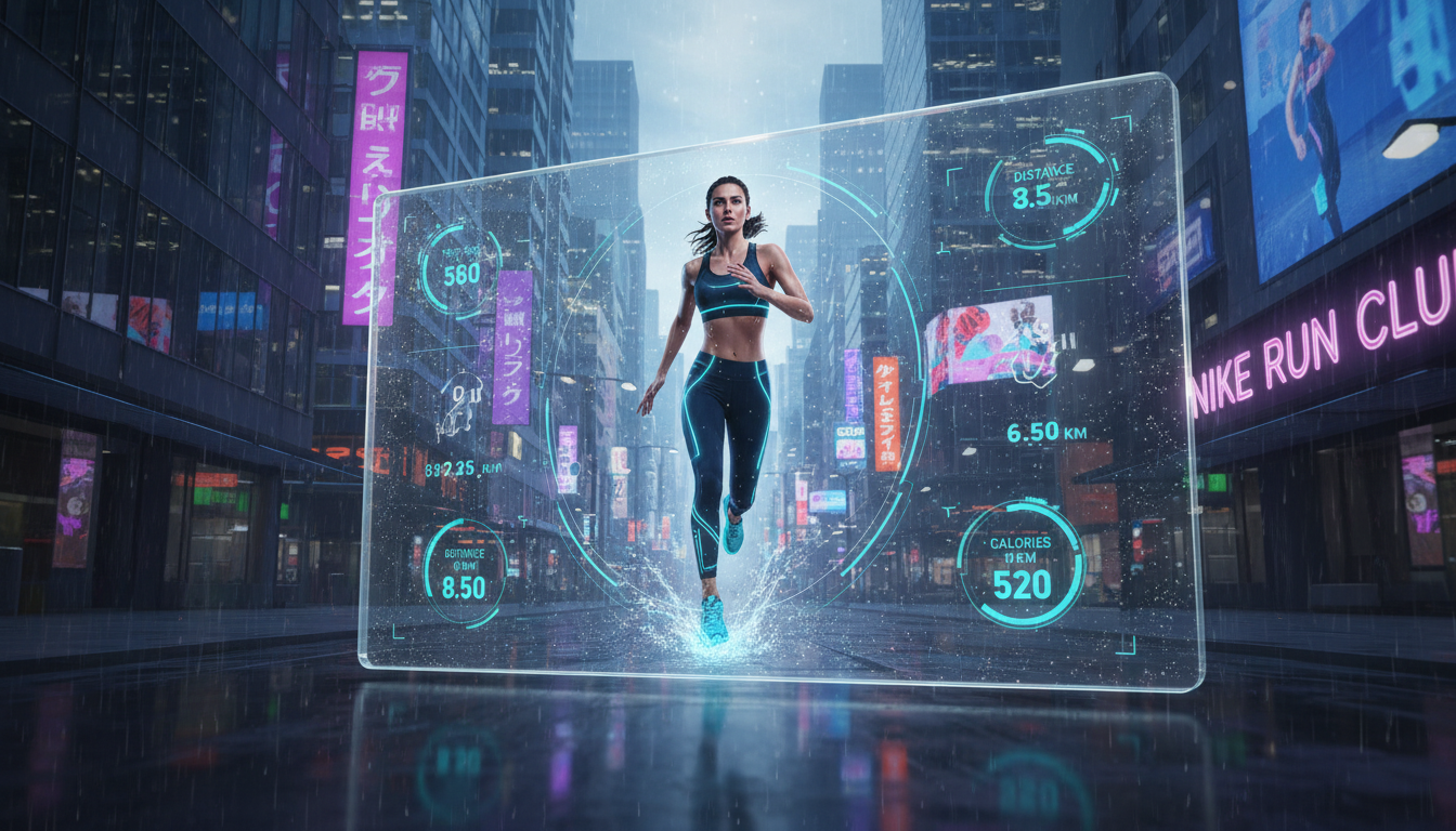 Image: A highly detailed, dynamic AI-generated video ad playing on a futuristic transparent screen, showing an avatar resembling a young woman running through a rain-drenched, stylized city street at dusk. The avatar is wearing glowing Nike running shoes and apparel, with subtle data overlays showing personalized metrics like pace and distance. The background city reflects elements of Seattle, with rain streaks and neon signs.