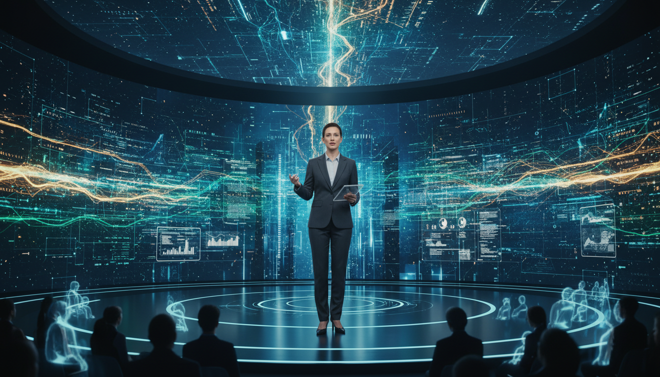 Image: A sleek, modern corporate CEO delivering a keynote address from a vast, dynamic virtual set. The set features glowing abstract data visualizations flowing around and behind the CEO, depicting a complex network or futuristic city. Large, seamless LED screens form the immersive background, with the CEO standing on a subtly lit physical stage integrated into the virtual environment.