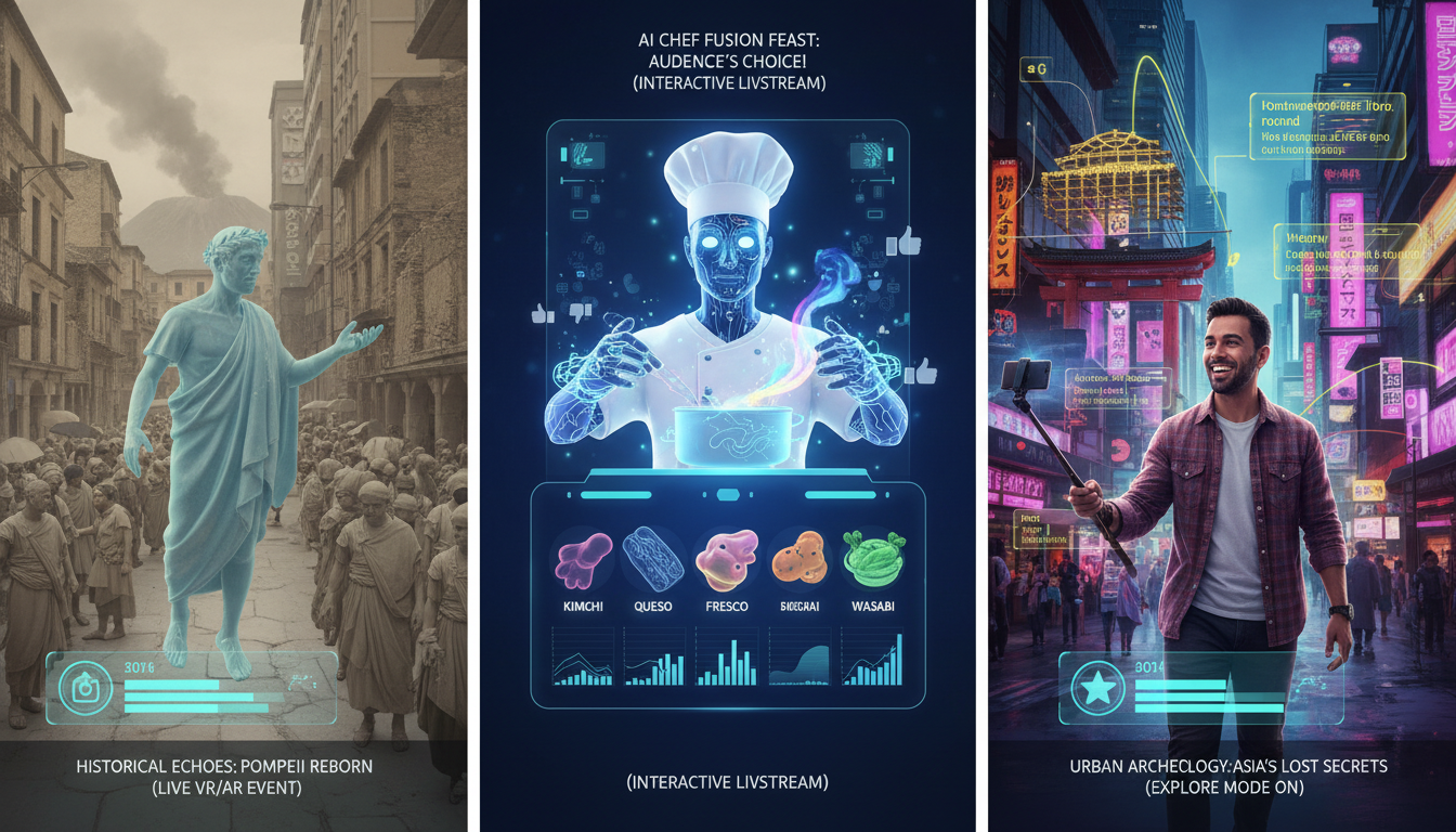 Image: A split screen showing three different viral video concepts from 2026. On the left, a historical reenactment using volumetric capture, with a ghostly Roman citizen walking through an AR-overlayed ancient Pompeii street. In the center, an AI chef on a holographic screen dynamically cooking a fusion dish with ingredients morphing in real-time based on animated audience votes. On the right, a travel vlogger in a bustling Asian city street, with AR overlays revealing historical facts and hidden architectural details of surrounding buildings.
