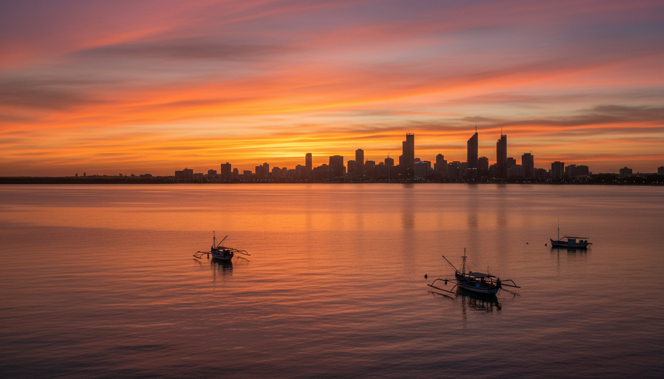 Image: A wide panoramic view of Darwin city skyline at sunset, with the calm Arafura Sea in the foreground and a few traditional fishing boats. The sky is ablaze with orange, purple, and pink hues.