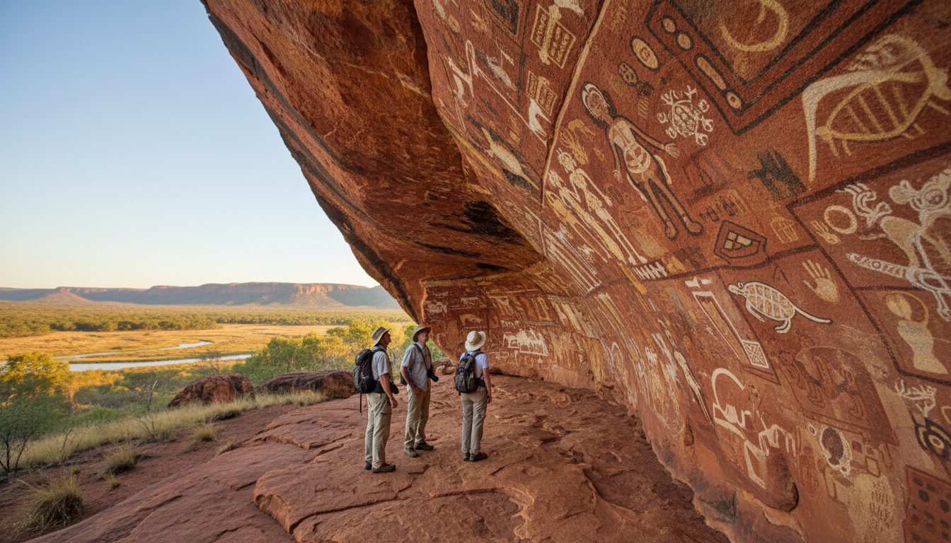 Image: An ancient Aboriginal rock art gallery at Ubirr in Kakadu National Park, showing detailed paintings of ancestral spirits and animals on a reddish rock overhang. A few respectful visitors are observing the art from a distance.