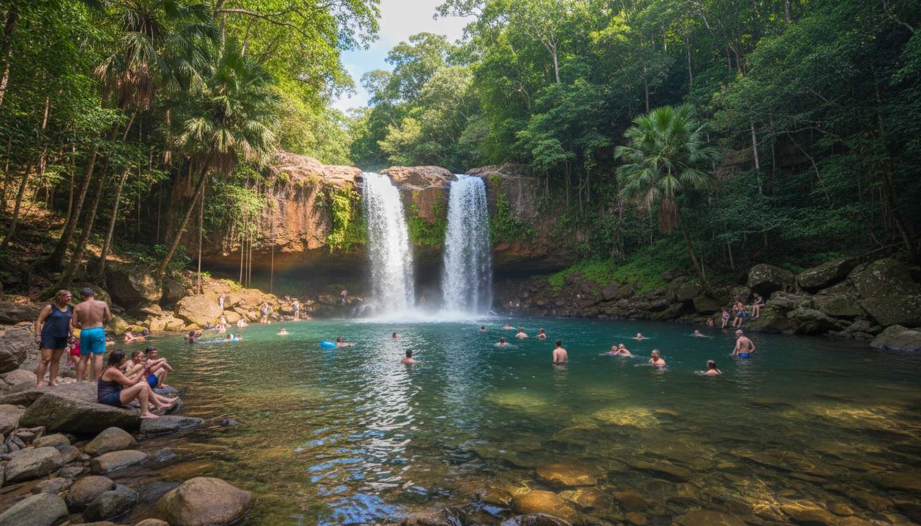Image: A vibrant scene at Florence Falls in Litchfield National Park, with a double-drop waterfall cascading into a clear, turquoise swimming hole. People are happily swimming and relaxing in the water, surrounded by lush green monsoon rainforest.