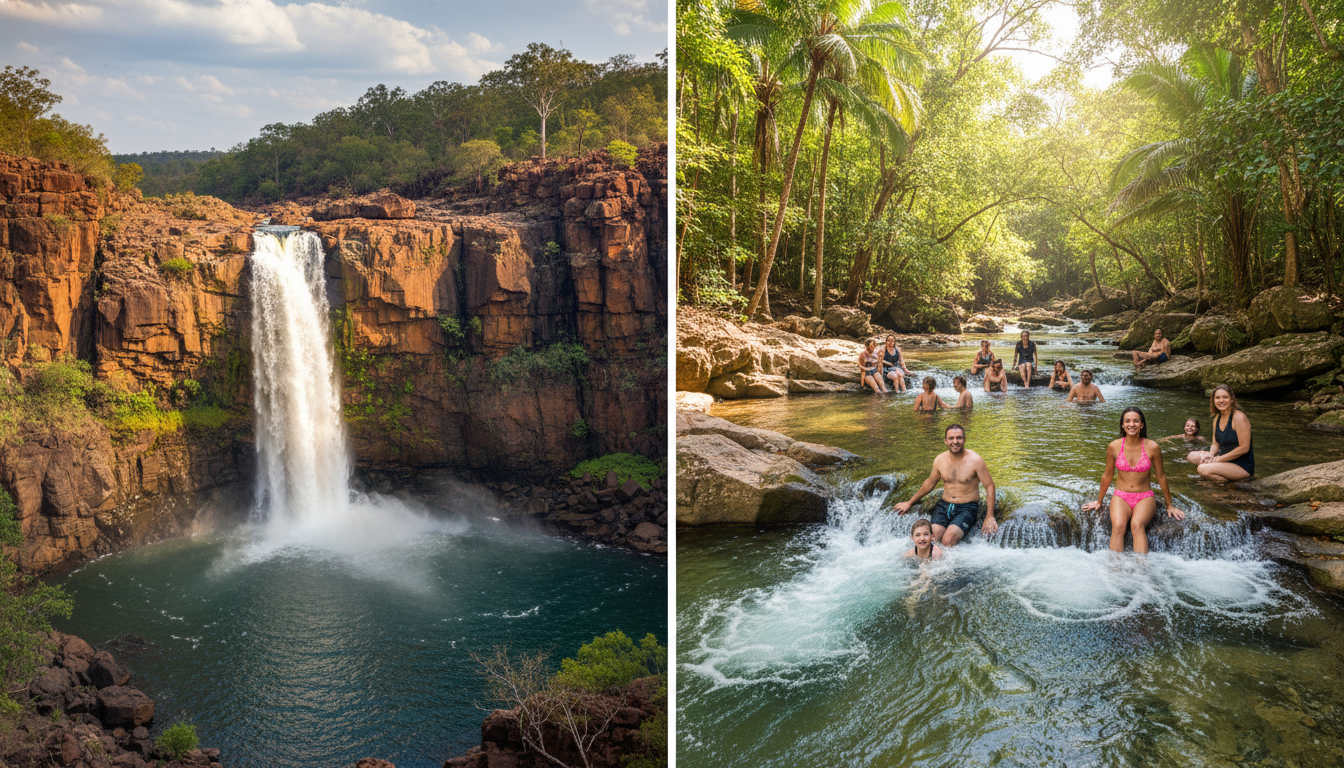 Image: A split image showing two contrasting scenes. On the left, a powerful Jim Jim Falls in Kakadu National Park, with water thundering down a massive escarpment into a vast plunge pool, seen from a distance with rugged wilderness. On the right, a close-up of people joyfully swimming in the clear, tiered rock pools of Buley Rockhole in Litchfield, surrounded by lush vegetation.
