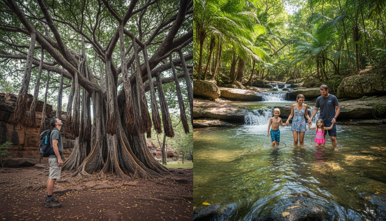 Image: A split image. On the left, a solo traveler stands contemplatively at the base of a large, ancient Banyan tree in Kakadu, looking up at its sprawling roots, evoking a sense of ancient wisdom and connection. On the right, a family with young children is happily playing in the shallow, clear waters of Buley Rockhole in Litchfield, surrounded by sun-dappled rocks and greenery, showing joyful interaction with nature.