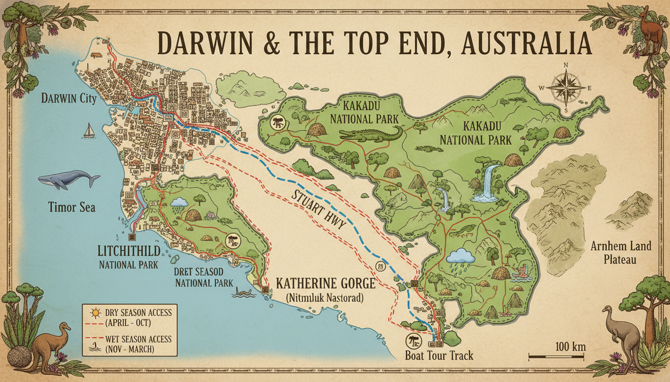 Image: A detailed map of Darwin City and the Top End region of Australia, highlighting major national parks like Kakadu, Litchfield, and Katherine Gorge, with routes clearly marked. The map should also show the distinction between wet and dry season accessibility with small illustrative icons.