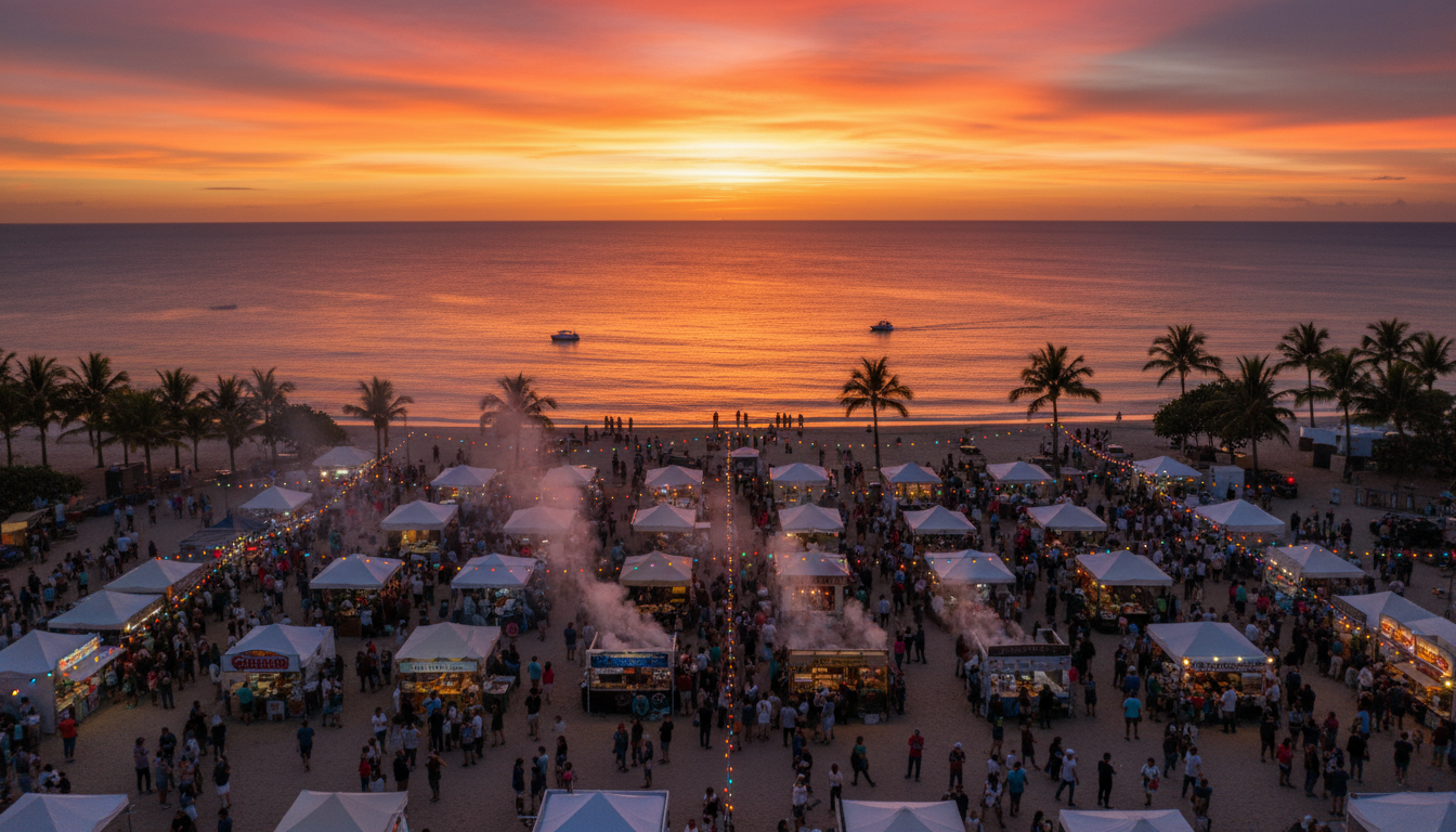 Image: A vibrant, overhead shot of the Mindil Beach Sunset Market in Darwin, Australia, bustling with people, food stalls emitting steam and colourful lights, and a stunning orange and purple sunset over the Arafura Sea in the background.