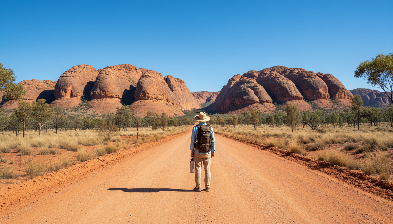 Image: A lone traveler standing on a dirt road in Kakadu National Park, observing a vast, open landscape with dramatic, ancient rock formations under a clear blue sky, emphasizing the scale and natural beauty. The traveler is wearing light, breathable clothing and a wide-brimmed hat, carrying a backpack and a water bottle.