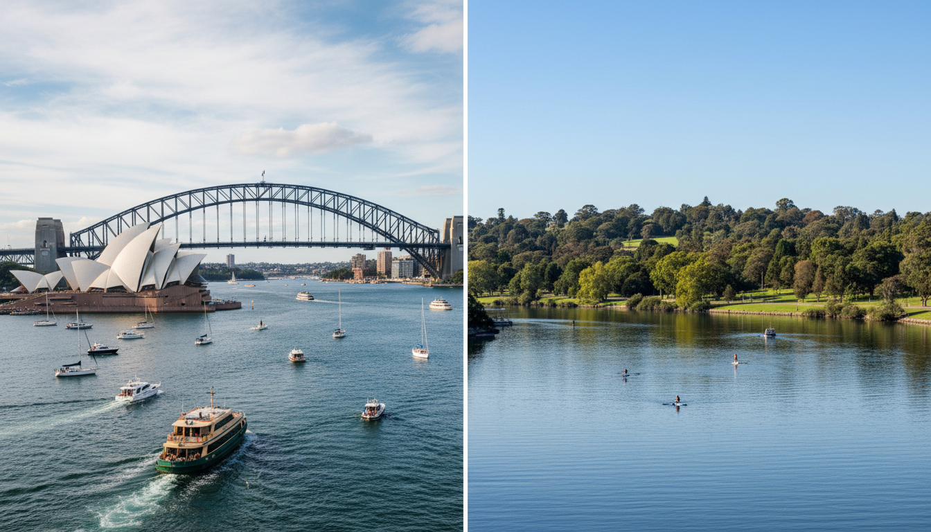 Image: A split image comparing Sydney Harbour (left) with the iconic Opera House and Harbour Bridge, bustling with boats, against Perth's Swan River (right) with Kings Park in the background, showing a more serene scene with paddleboarders and lush greenery.