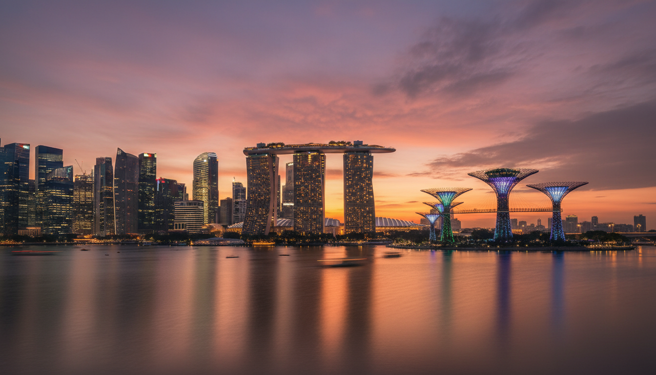 Image: A panoramic view of Singapore's iconic skyline at dusk, featuring the illuminated Marina Bay Sands, Supertree Grove, and the shimmering financial district. The sky is painted with vibrant orange and purple hues.