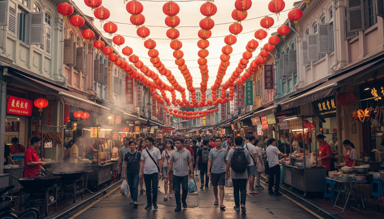 Image: A vibrant street scene in Singapore's Chinatown, bustling with people, traditional red lanterns strung across narrow alleys, and historic shophouses. Food stalls emit steam and enticing aromas.