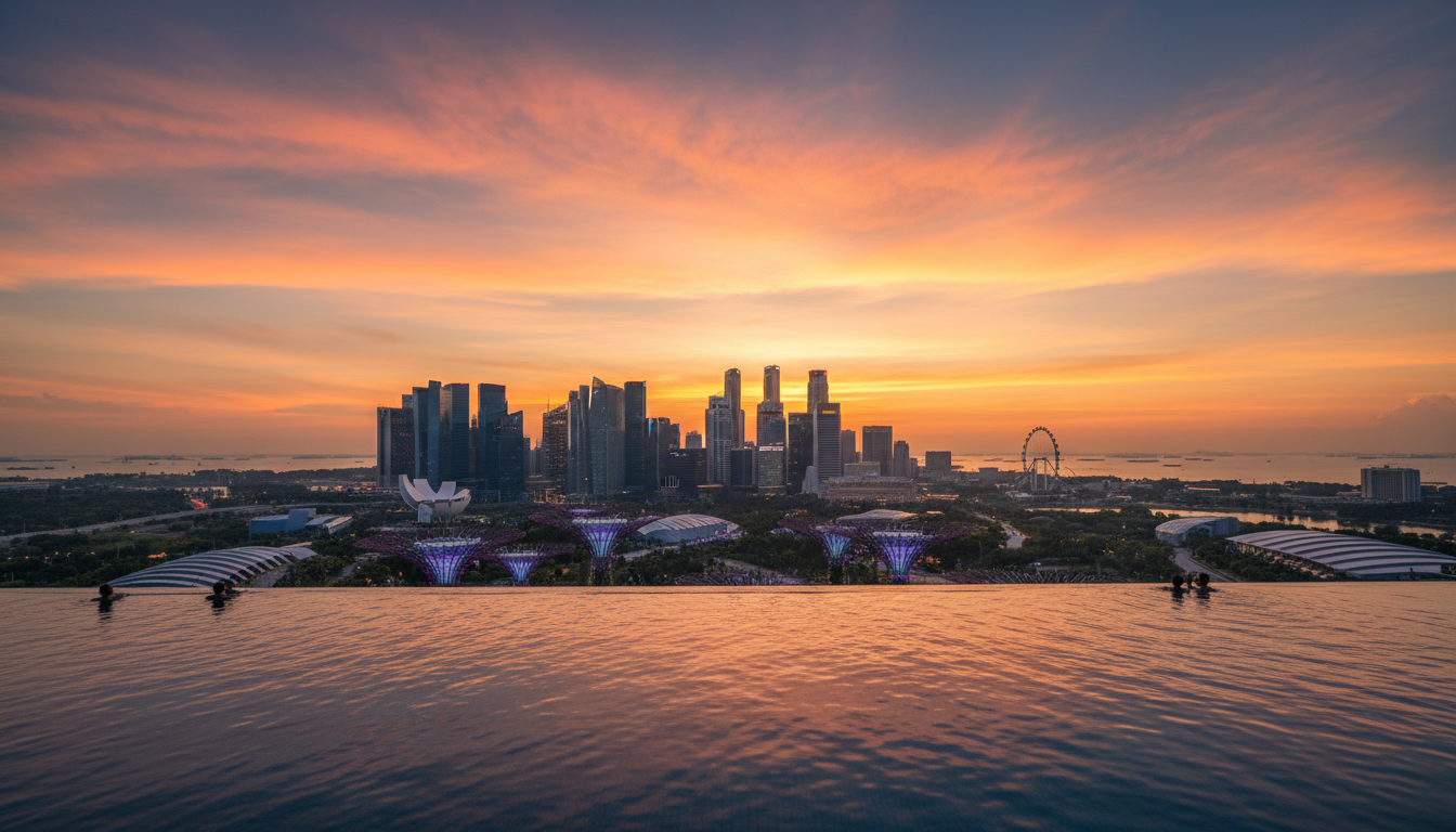Image: A breathtaking panoramic view of the Singapore skyline from the Marina Bay Sands Skypark, showing the infinity pool, iconic Supertrees of Gardens by the Bay, and the cityscape stretching into the distance at sunset, with warm golden light.