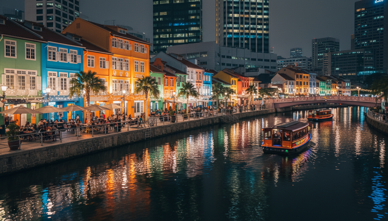 Image: A vibrant night scene at Clarke Quay in Singapore, showing colorful restored shophouses illuminated by festive lights, reflections on the calm Singapore River, and people dining and strolling along the riverside promenade.