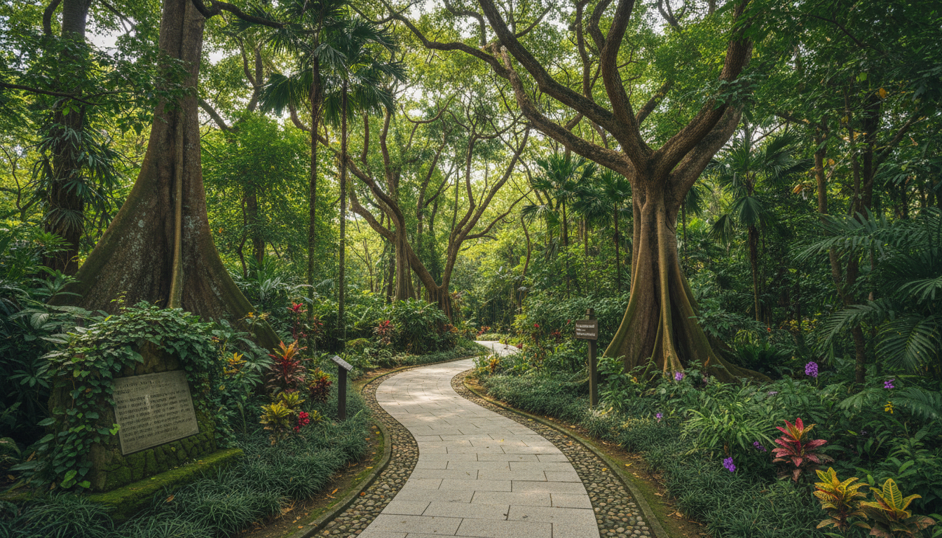 Image: A serene pathway winding through the lush tropical foliage of Fort Canning Park in Singapore, with ancient trees, historical markers subtly visible, and filtered sunlight creating dappled shadows.