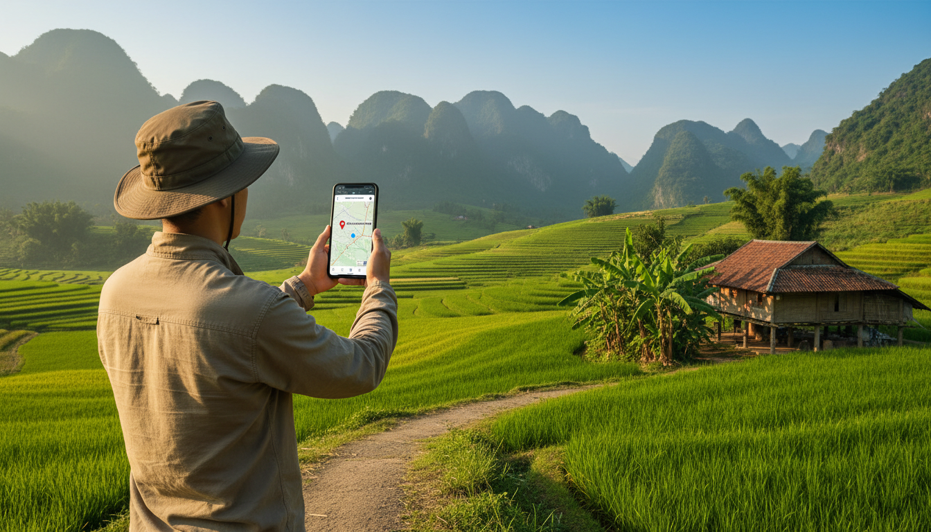 Image: A traveler in a rural Vietnamese landscape, looking at an offline map on their smartphone, with lush green rice paddies, distant mountains, and a small traditional house in the background. The phone screen clearly shows a detailed map with a pin dropped on a historical site.