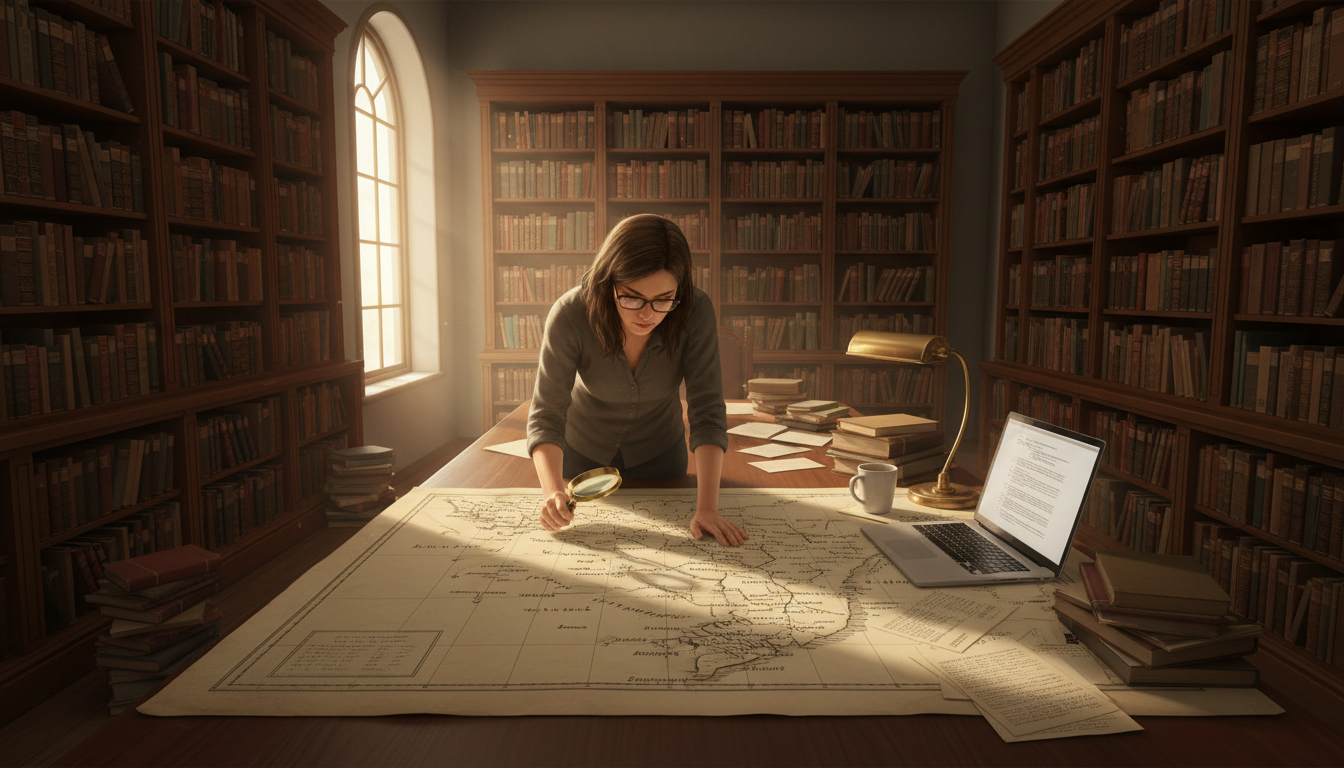 Image: A researcher in a quiet, sunlit library, surrounded by old books and documents, meticulously examining a historical map of South Vietnam with a magnifying glass. Stacks of research papers and a laptop are also on the table.