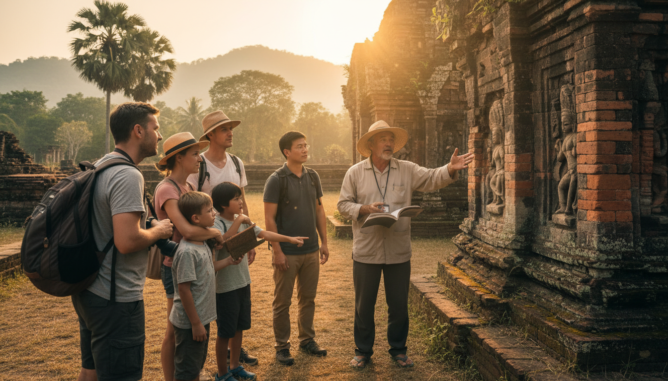 Image: A small group of travelers, including a Vietnamese-Australian family, engaged in a historical tour at an ancient temple in South Vietnam. A knowledgeable local guide is passionately explaining the temple's history, gesturing towards intricate carvings. The sun is setting, casting a warm glow on the scene.