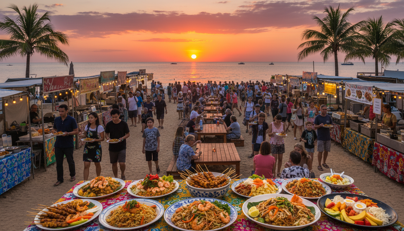Image: A vibrant, bustling scene at the Mindil Beach Sunset Market in Darwin, with various food stalls displaying colourful dishes, people mingling and eating, and the sun setting dramatically over the ocean in the background.