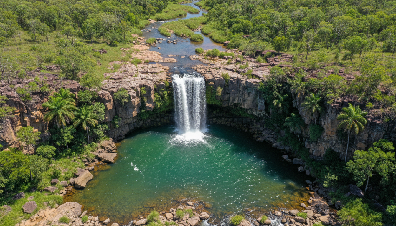 Image: A breathtaking aerial view of a powerful waterfall cascading into a crystal-clear plunge pool within Litchfield National Park, surrounded by lush green tropical vegetation and rugged rock formations.