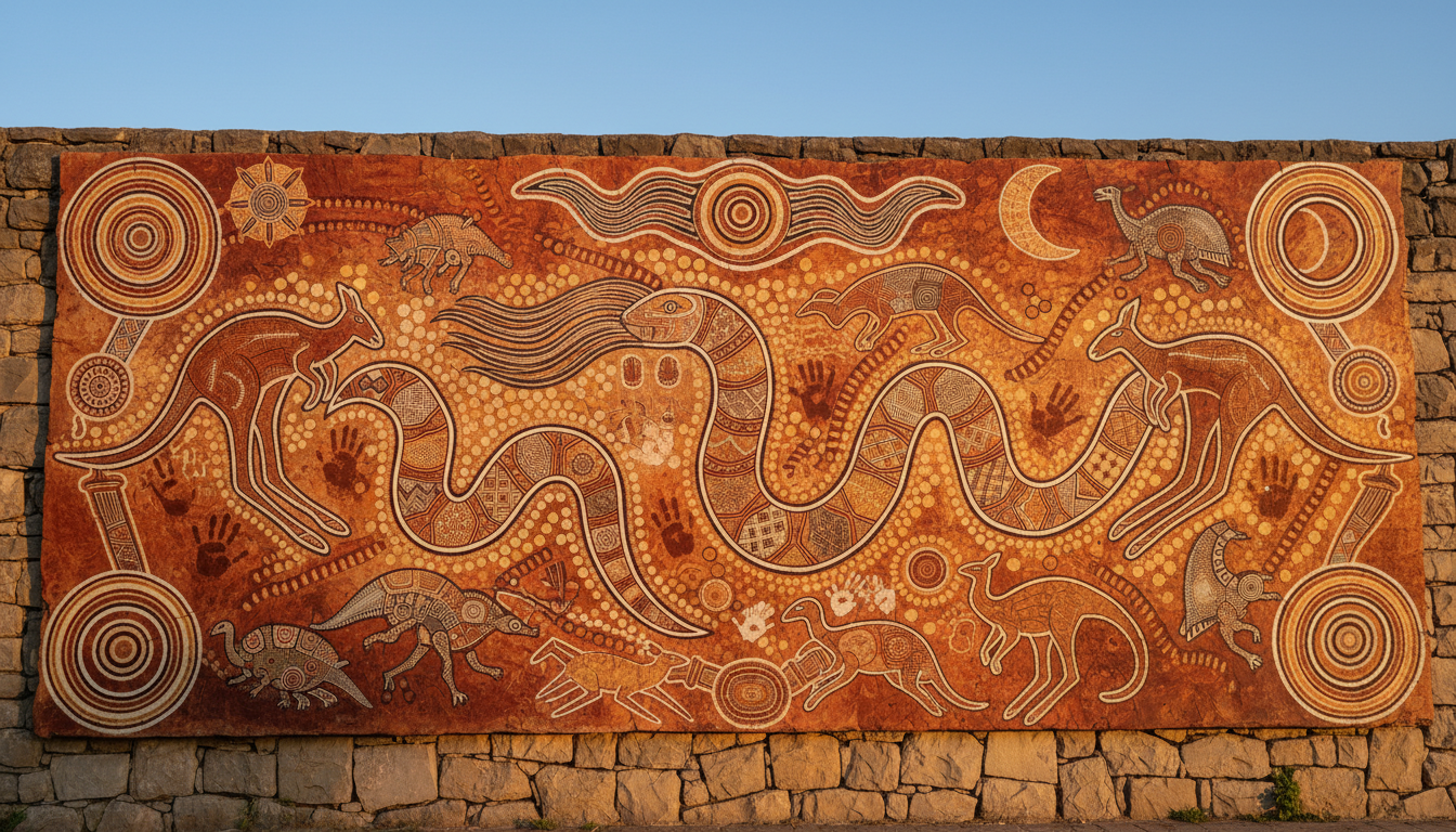 Image: A vibrant Indigenous artwork, possibly a bark painting or a mural, depicting traditional Dreamtime stories and native animals, with rich ochre colours and intricate patterns.