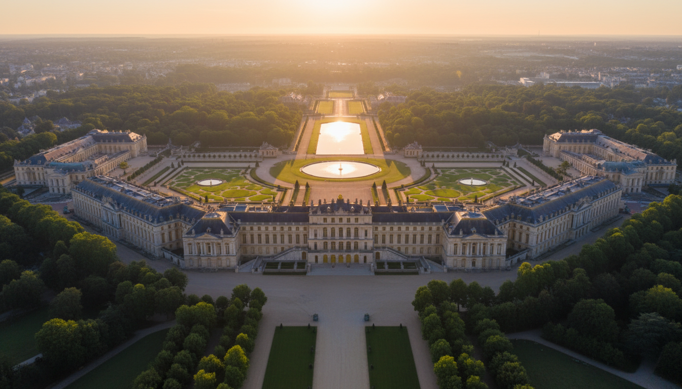Image: A sweeping aerial view of the Palace of Versailles at dawn, with golden light illuminating its ornate architecture and expansive gardens, evoking grandeur and historical luxury
