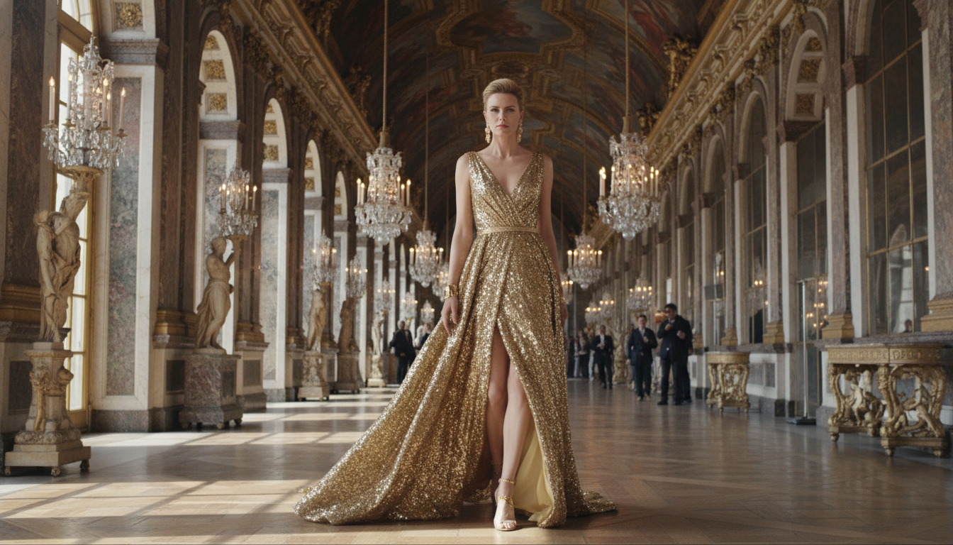 Image: Charlize Theron in a shimmering gold gown, walking confidently through the opulent Hall of Mirrors at the Palace of Versailles, bathed in natural light, exuding elegance and power