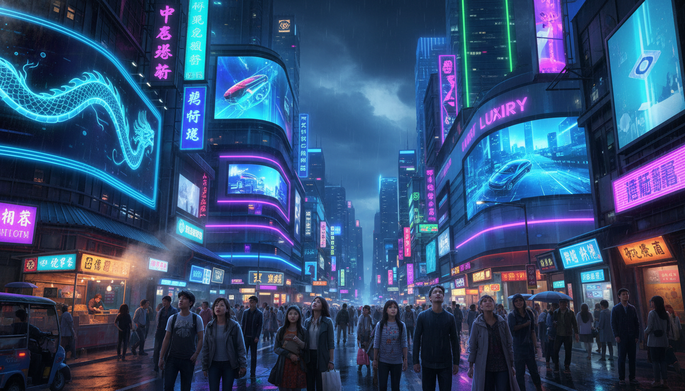 Image: A neon-lit street in a bustling Asian city at night, with diverse crowds looking at illuminated billboards and digital screens displaying creative advertisements. The atmosphere is energetic and modern.