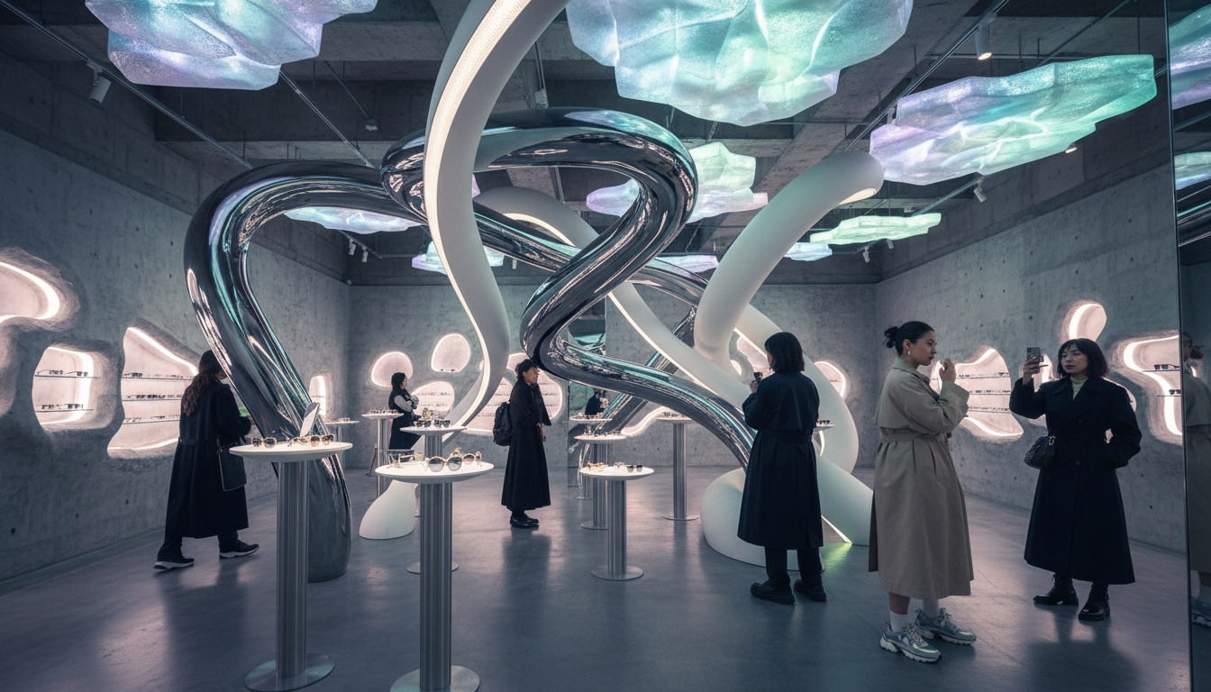 Image: The interior of a futuristic and artistic Gentle Monster store in Seoul, featuring abstract sculptures, unique lighting, and eyewear displays integrated into a gallery-like setting. A few stylish shoppers are subtly visible, appreciating the art.
