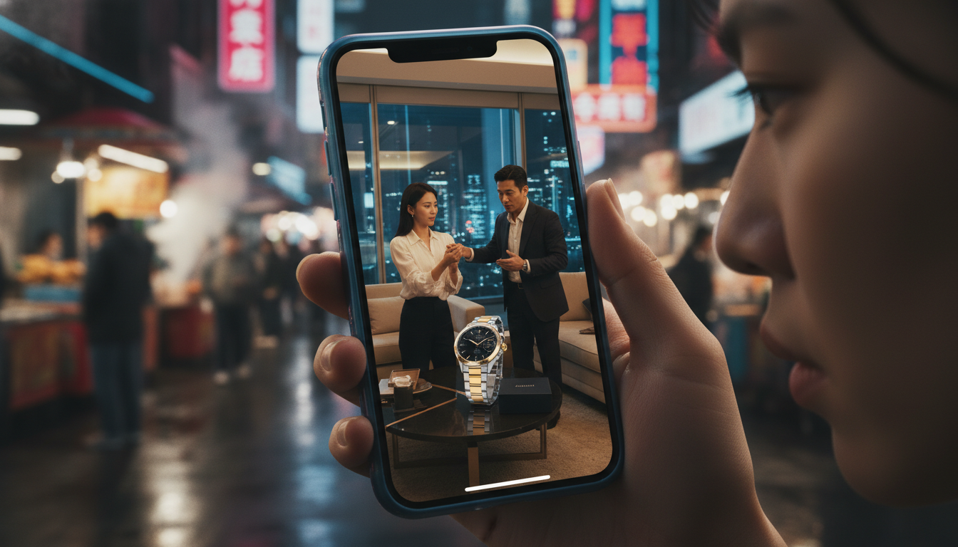Image: A dynamic, high-production value short-form video playing on a smartphone screen, held by a person in a modern, vibrant Asian setting. The video shows an engaging mini-drama with professional actors, cinematic lighting, and a luxury product subtly integrated.