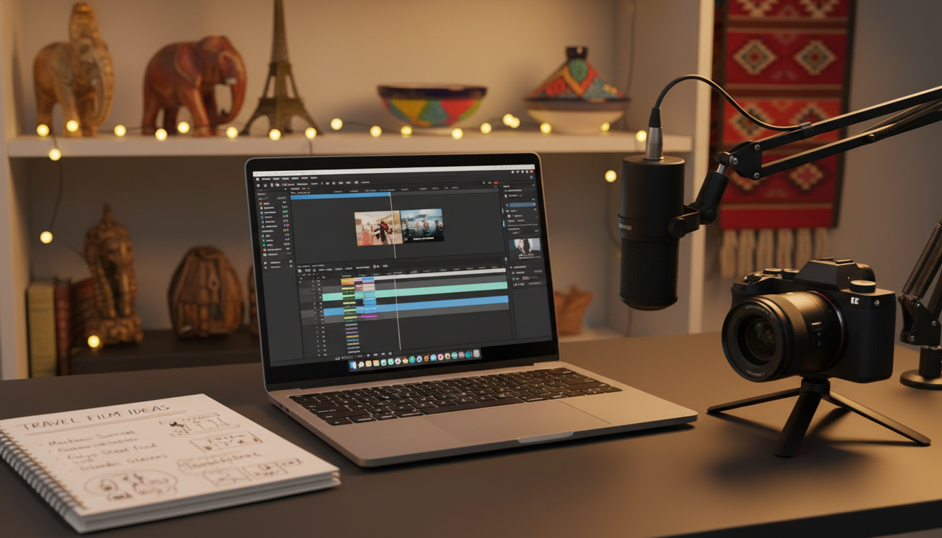 Image: A warmly lit, inviting desk setup with a laptop displaying video editing software, a modern mirrorless camera, an external microphone, and a notebook with creative ideas. In the background, there