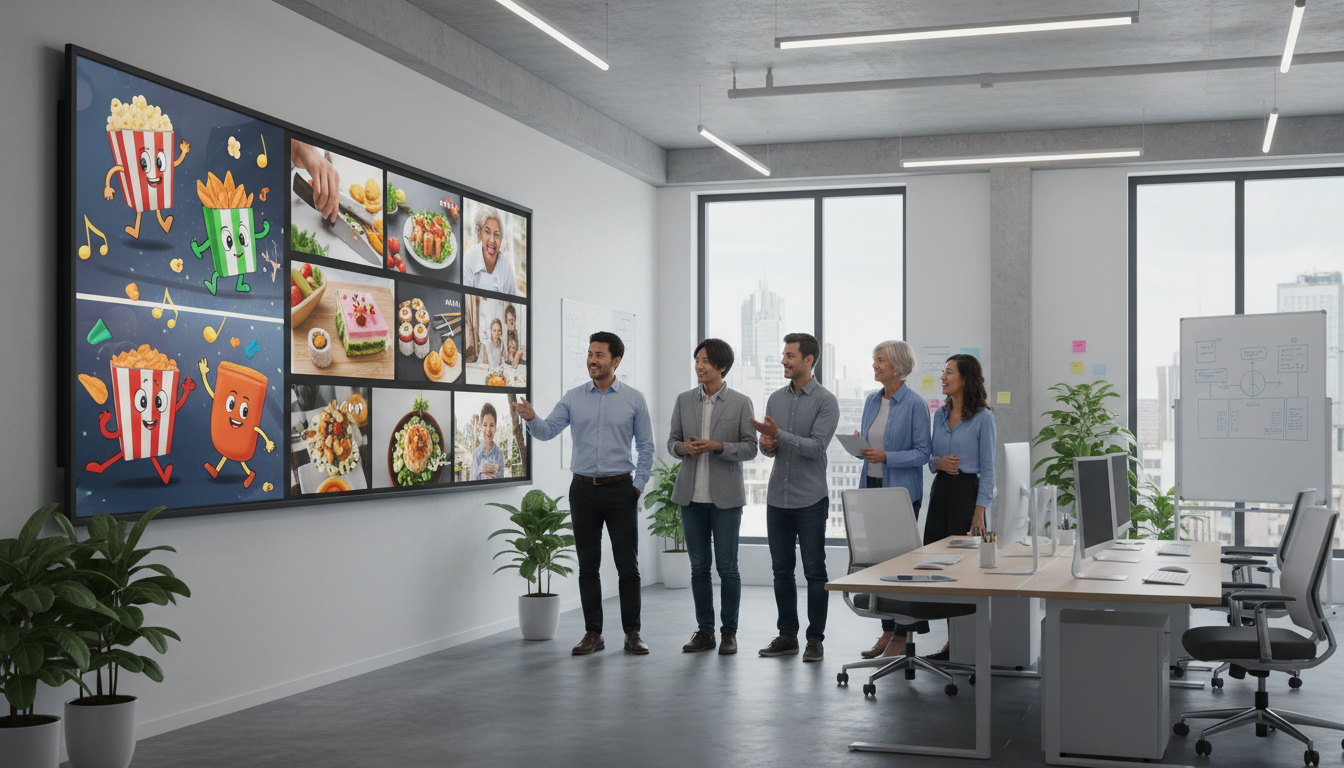 Image: A vibrant, modern office space with a diverse team collaborating around a large screen displaying various AI-generated video content drafts. The screen shows animated snack foods, short recipe clips, and diverse human actors.