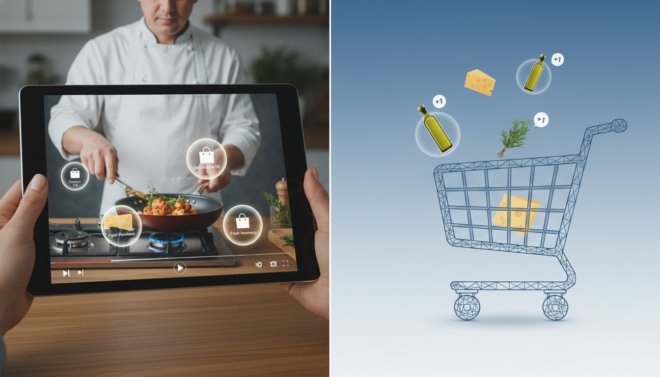 Image: A split screen showing a dynamic, interactive shoppable video playing on a tablet held by hands on one side, and a shopping cart icon with products being added to it on the other. The video shows a person cooking a gourmet meal, with clickable product tags hovering over ingredients.