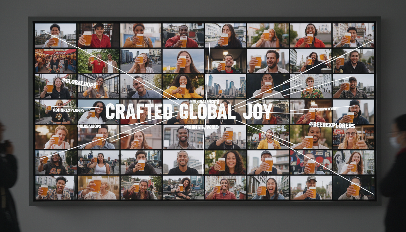Image: A mosaic of diverse, short-form video clips playing simultaneously on a large digital screen, representing a viral social media campaign. Each clip features different people in various urban settings, holding a craft beer, smiling, and interacting with local culture.