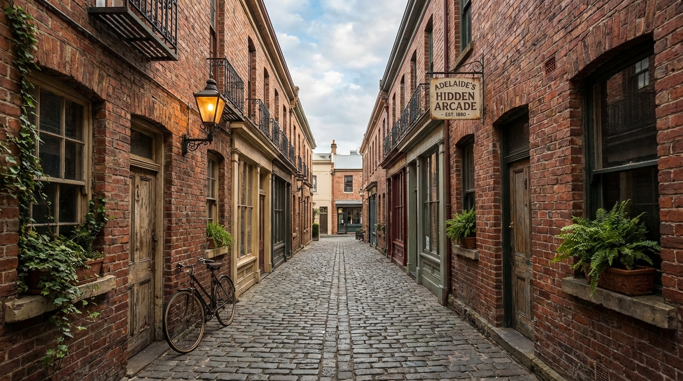 Image: A historic, narrow cobblestone alleyway in Adelaide, South Australia, with heritage-listed brick buildings on either side and a subtle hint of green foliage. The scene should evoke a sense of hidden history and quiet charm, perhaps with an old gas lamp or a vintage bicycle