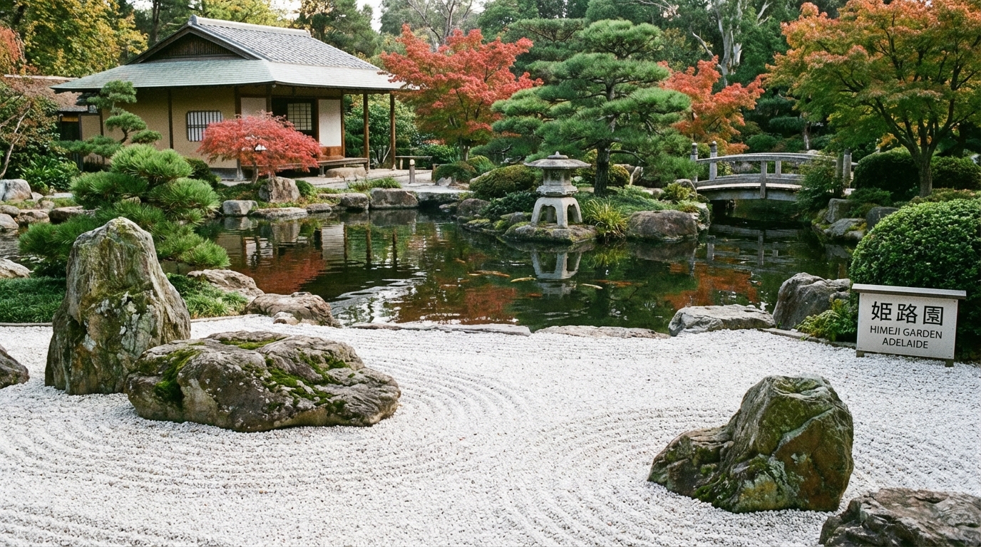 Image: A serene and meticulously maintained Japanese Himeji Garden in Adelaide, featuring a tranquil koi pond with reflections of lush greenery and traditional stone lanterns. Focus on the raked white gravel dry garden (kare-senzui) in the foreground, with strategically placed rocks and minimal, elegant planting in the background, conveying peace and cultural authenticity.