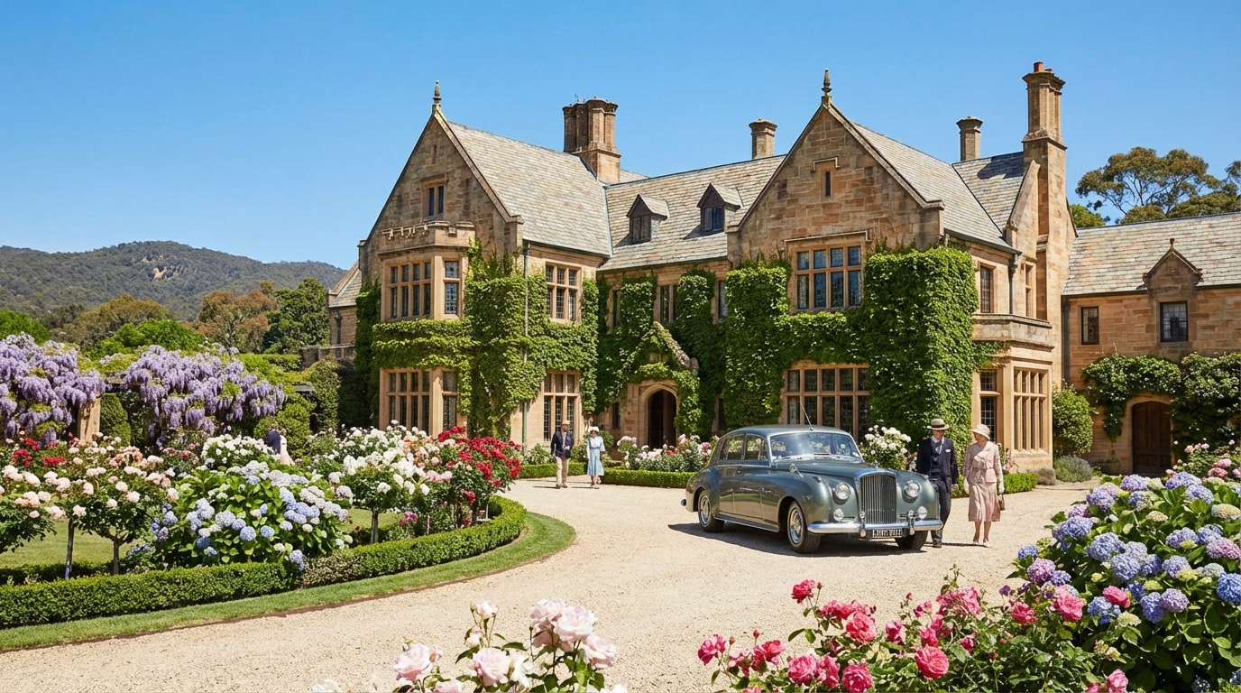 Image: The grand exterior of Carrick Hill historic estate in Adelaide, South Australia, showcasing its elegant English manor-style architecture with stone walls and ivy, surrounded by lush, manicured gardens in full bloom. The scene should convey a sense of timeless beauty and aristocratic charm, with blue skies overhead.