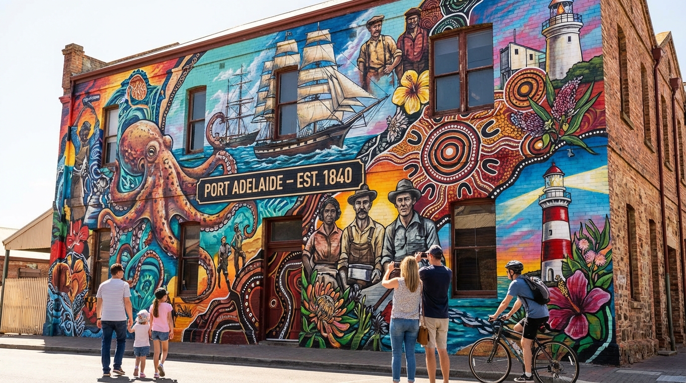Image: A vibrant and large-scale street art mural covering the side of an old brick building in Port Adelaide. The mural features bold colors, intricate details, and depicts elements of maritime history and local culture, with a modern, dynamic style. In the foreground, a few pedestrians are admiring the art, giving a sense of scale and interaction.