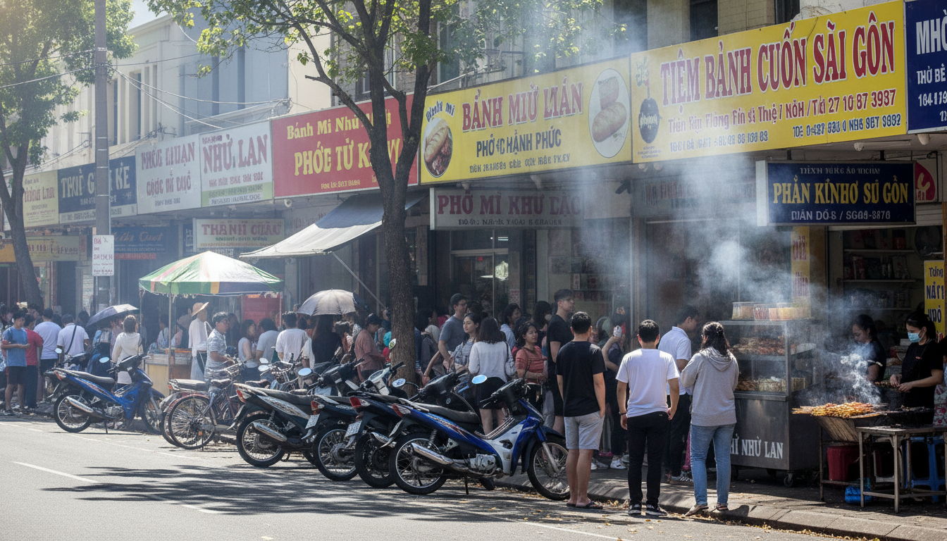 Image: A bustling street scene on Hanson Road, Adelaide, during lunchtime. Show vibrant shopfronts with Vietnamese signage, people queuing for bánh mì, motorbikes parked, and the air filled with the aroma of cooking. Emphasize the community feel.