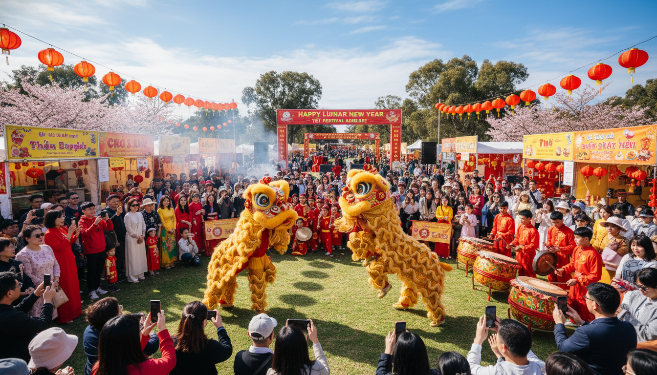 Image: A vibrant and joyous Tết Festival celebration in Adelaide, showing a traditional lion dance performance with colorful costumes and drums, surrounded by a large, diverse crowd enjoying food stalls and cultural displays.