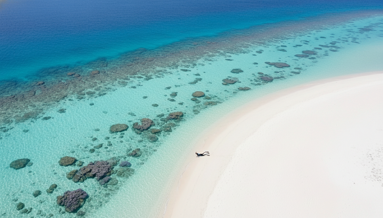 Image: An aerial drone shot capturing the stunning contrast between the pristine white sand beaches of Ningaloo Reef, the shallow turquoise waters revealing coral formations, and the deeper blue ocean beyond. A person is seen snorkeling close to shore, highlighting the reef's accessibility.