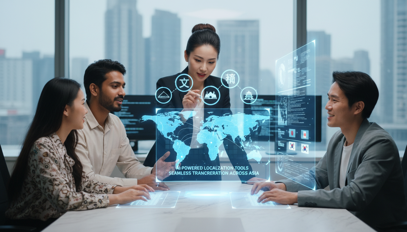 Image: A diverse group of young Asian professionals from different countries (Japan, India, Vietnam, South Korea) collaborating around a holographic interface displaying AI-powered localization tools with various languages and cultural icons, representing seamless transcreation across Asia.