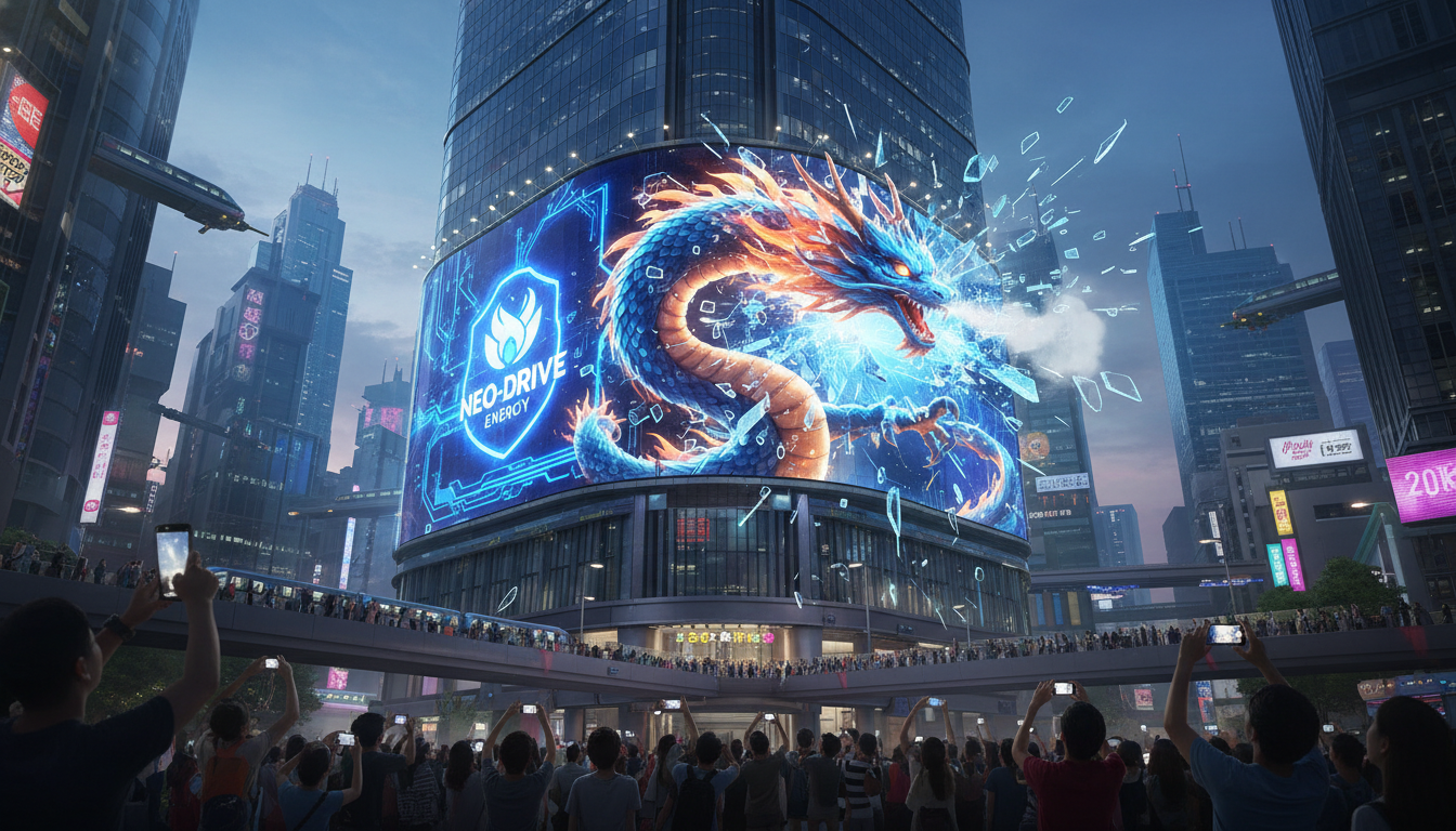Image: A vibrant, futuristic 3D digital billboard on a towering building in a bustling Asian metropolis like Seoul or Tokyo, showing a hyper-realistic, giant animated character (e.g., a mythical creature or a product mascot) appearing to break through the screen and interact with the urban environment, captivating a crowd of onlookers.