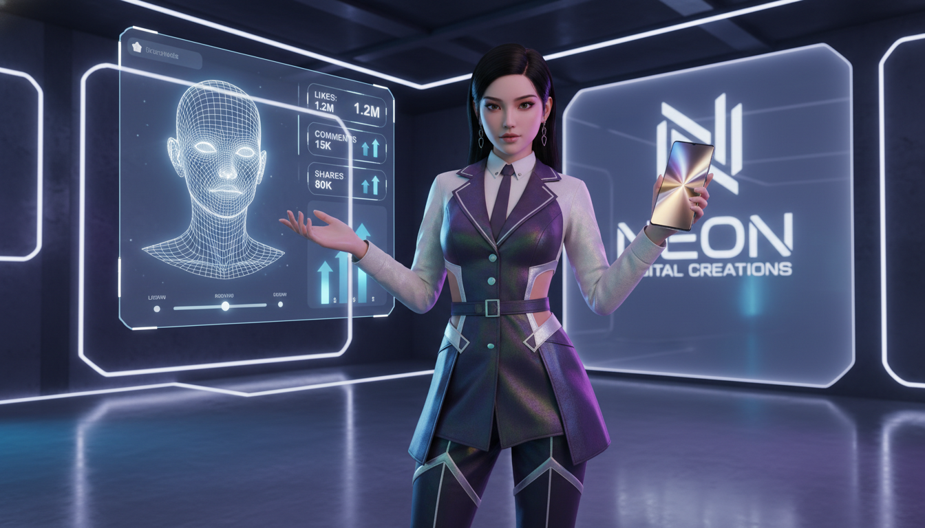 Image: A stylish, lifelike virtual influencer (e.g., with Asian features, fashionable attire) interacting seamlessly with a real-world product (e.g., a new smartphone or a cosmetic item) in a high-tech studio setting, surrounded by holographic displays of character design software and social media metrics.