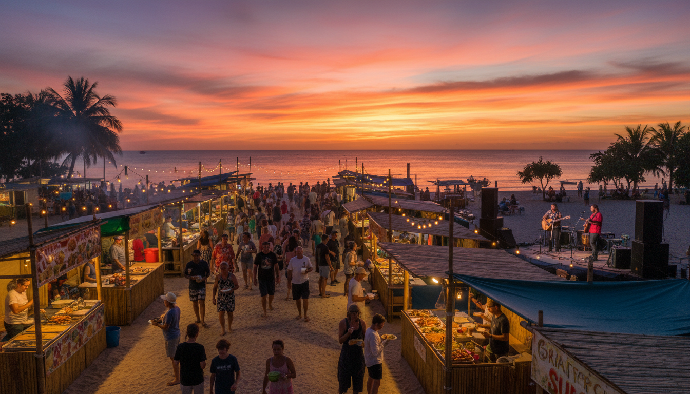Image: A vibrant Mindil Beach Sunset Market scene in Darwin, Australia, with diverse food stalls, people enjoying street food, live music, and a stunning orange and purple sunset over the Arafura Sea in the background.