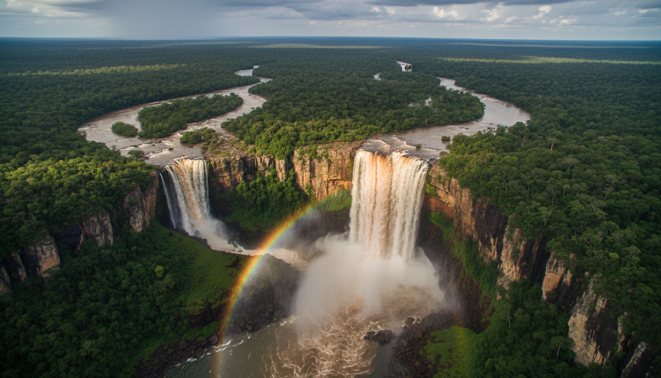 Image: A dramatic aerial view of Jim Jim Falls in Kakadu National Park during the wet season, with a powerful cascade of water plunging into a lush green gorge, surrounded by dense tropical rainforest and swollen rivers.