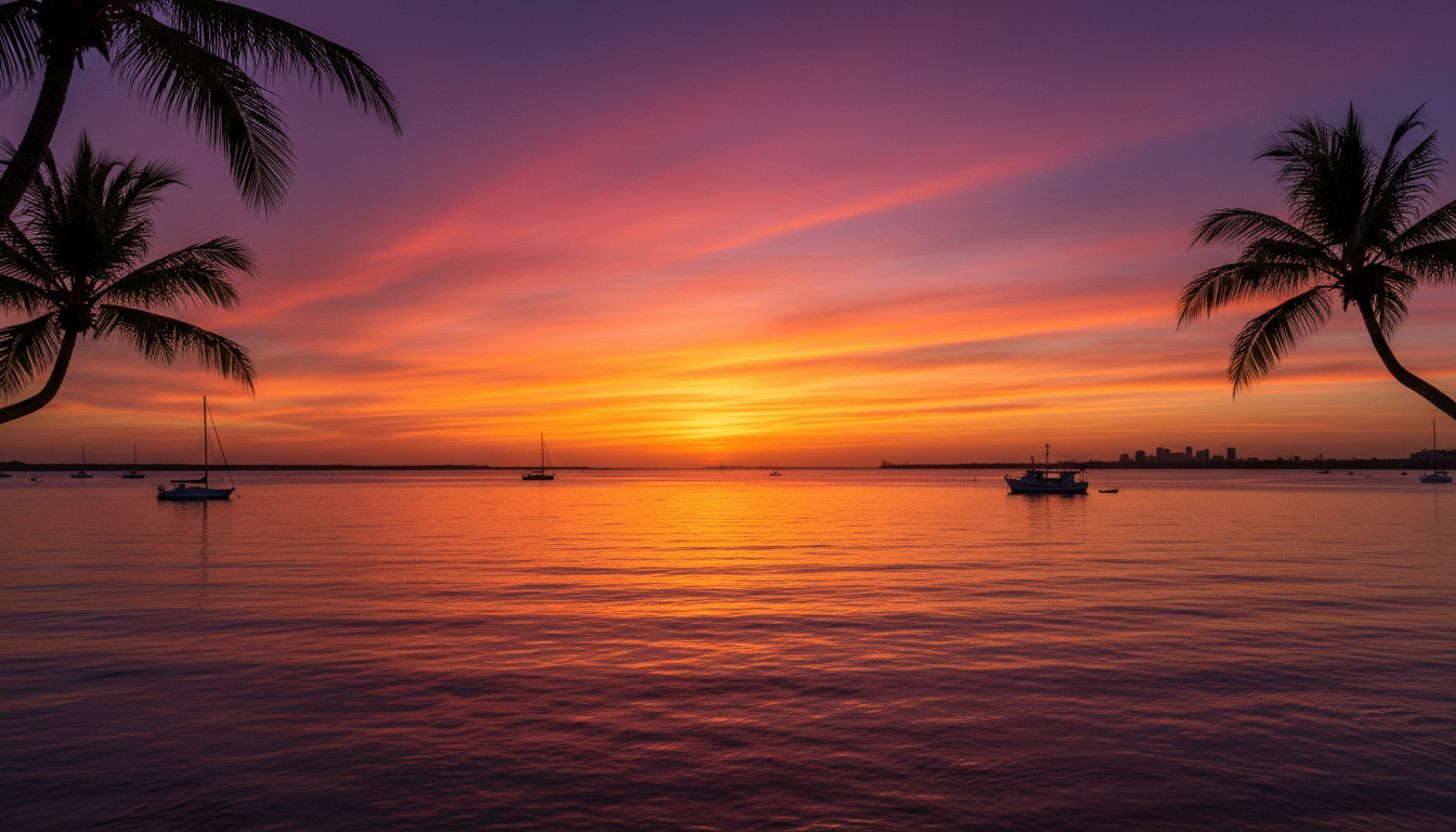Image: A panoramic view of a vibrant orange and purple sunset over Darwin Harbour, with silhouettes of palm trees and a few boats gently bobbing in the water, reflecting the sky's colours.