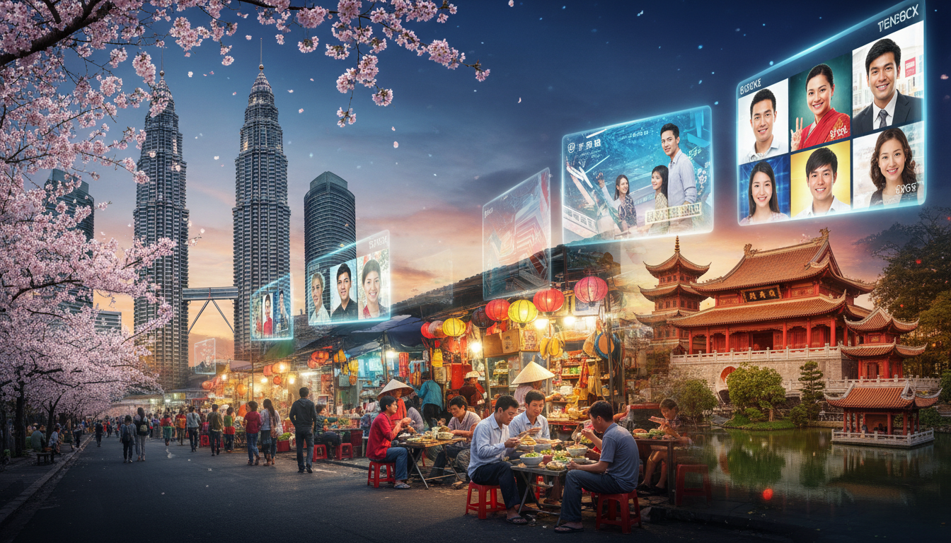 Image: A vibrant montage representing the diversity of Asia, featuring iconic landmarks like the Petronas Towers, a Japanese cherry blossom garden, a bustling Vietnamese street food market, and traditional Chinese architecture, all subtly integrated with modern advertising screens showing diverse faces.
