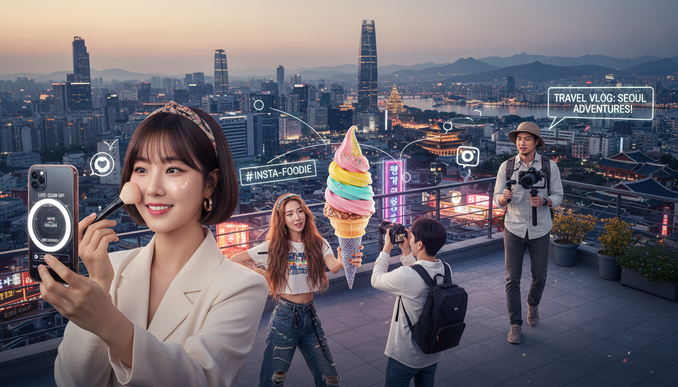 Image: A dynamic shot of a diverse group of Asian influencers. One is live-streaming a beauty product review on a phone, another is posing with a trendy food item for an Instagram photo, and a third is recording a travel vlog in a scenic Asian city, all engaging their audience.